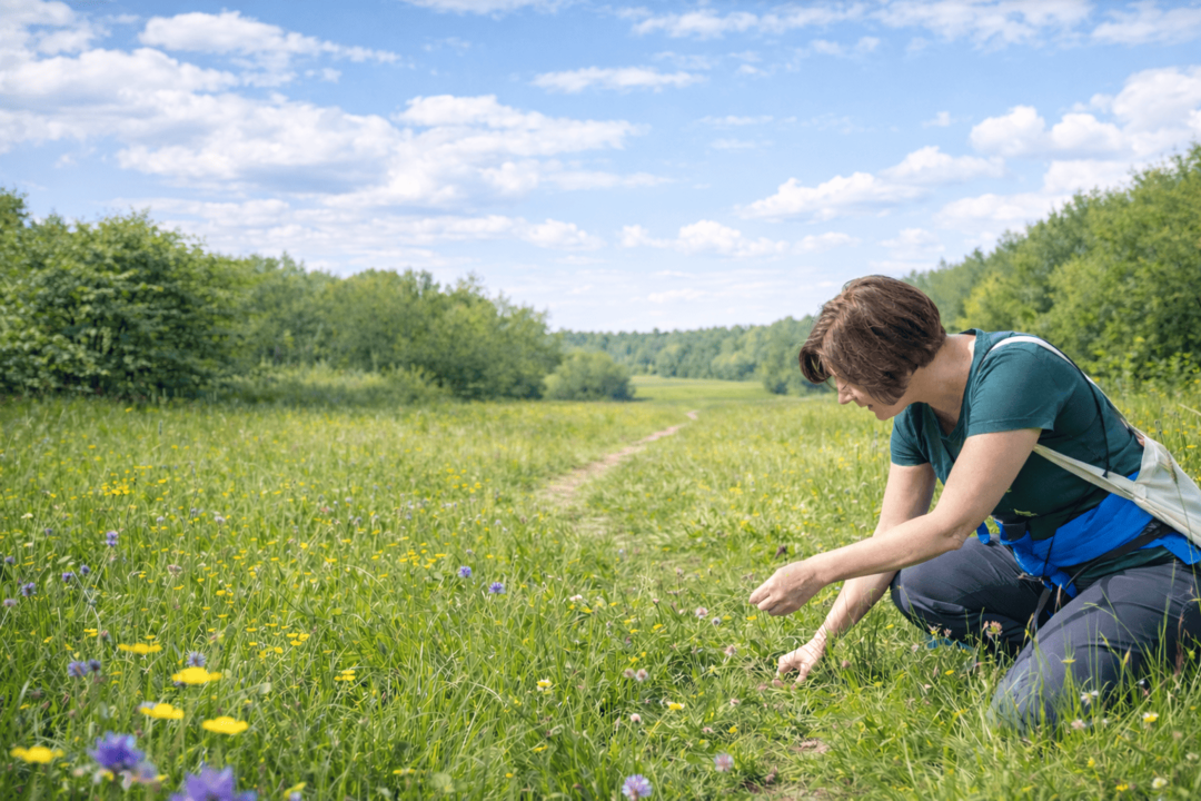 Frau erklärt Wildkräuter auf einer sonnigen Wiese während eines ruhigen Kräuterspaziergangs