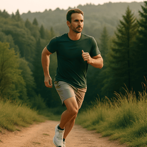 Ein Mann joggt auf einem Feldweg aus dem Wald – Darstellung von Bewegung und körperlicher Belastung.