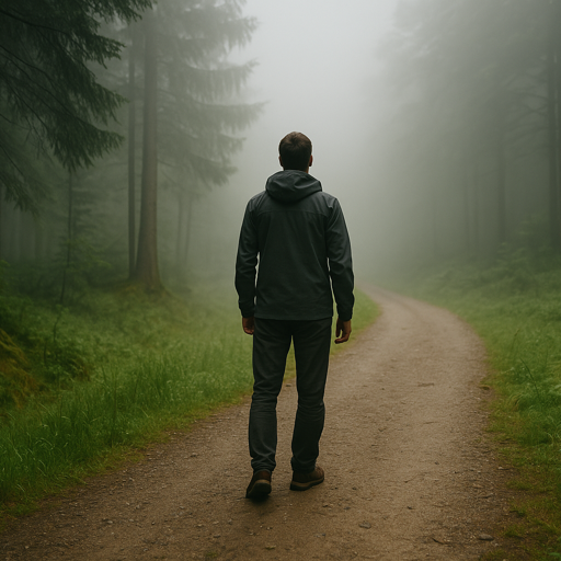 Mann geht auf einem Feldweg durch nebligen Wald – Darstellung von Isolation und Erschöpfung.