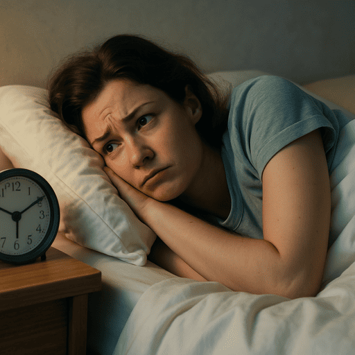 Wach liegende Frau mit offenen Augen im Bett, neben ihr ein Wecker – Darstellung von Schlaflosigkeit