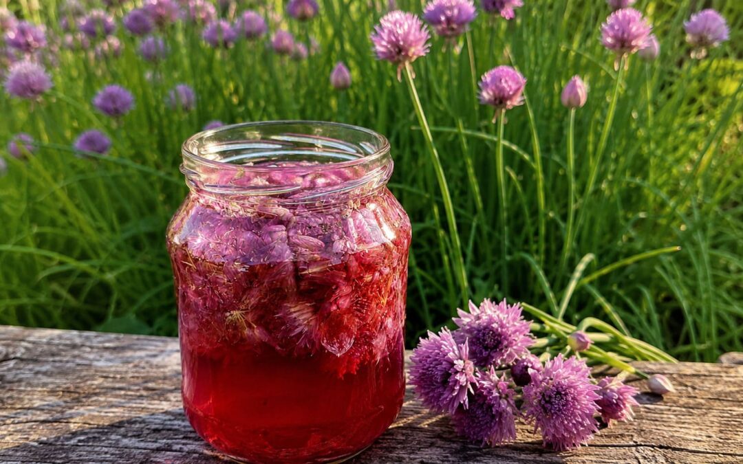 Glas mit selbstgemachtem Schnittlauchblütenessig vor blühenden Schnittlauchpflanzen.