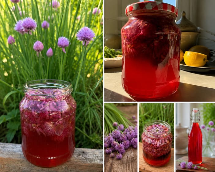 Herstellung von Schnittlauchblütenessig aus frischen Schnittlauchblüten – vom Ansatz im Glas bis zum fertigen Kräuteressig.