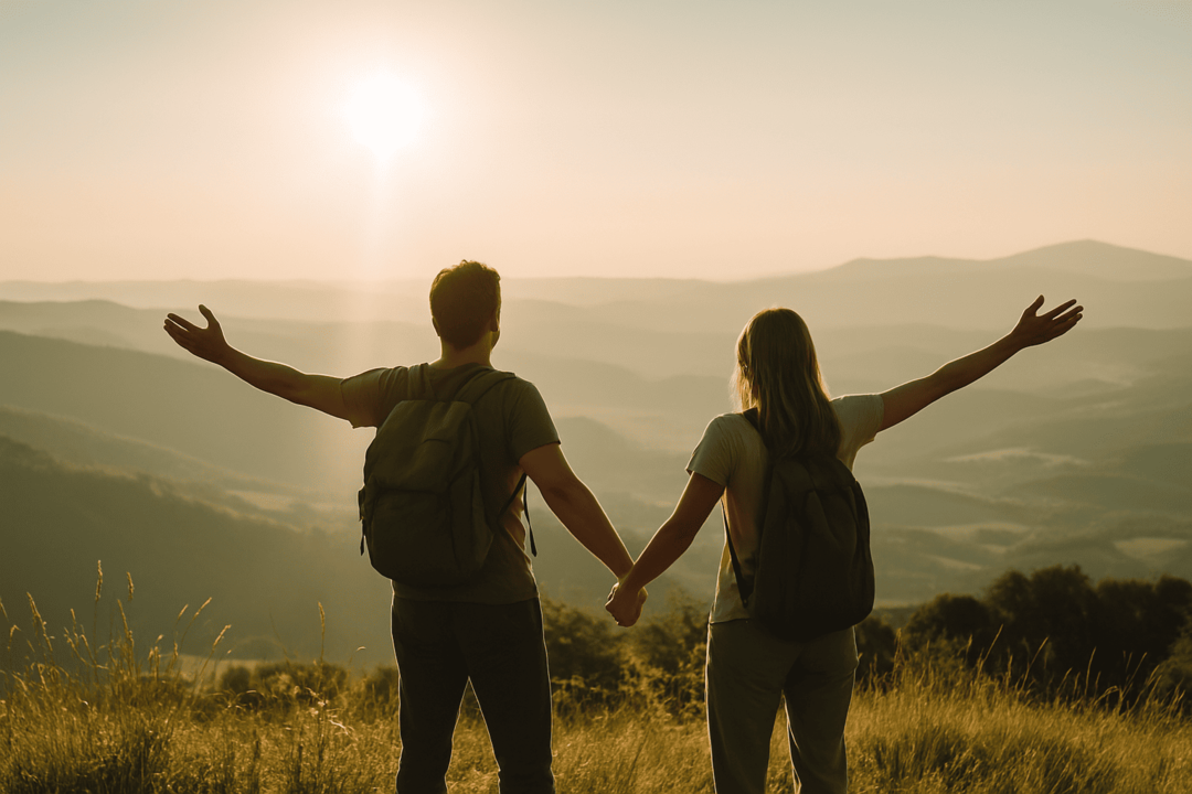 Stark & frei - Lebenskraft neu entdecken mit cell-re active training Paar mit ausgebreiteten Armen in weiter Landschaft – Sinnbild für Freiheit, neue Energie und Selbstbestimmung.