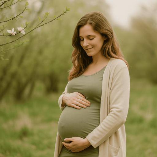 Schwangere Frau in der Natur mit sichtbarem Babybauch, neben ihr ein blühender Ast im Frühling.